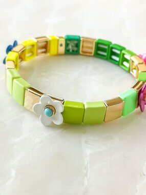 Roxanne Assoulin • Garden Variety Flower Grass Gold Colorful Enamel Stretch Brac